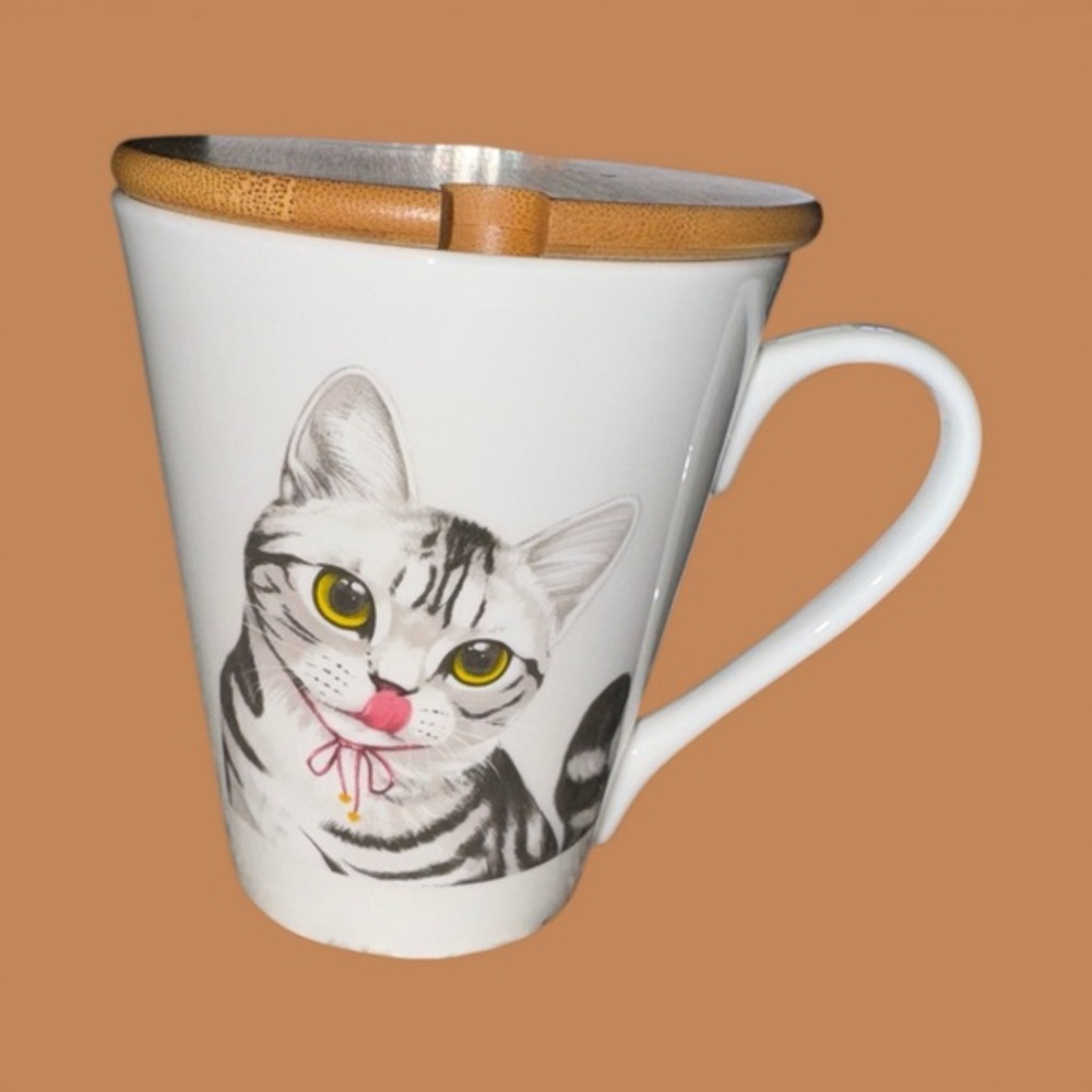 American Shorthair Cat Face Ceramic Mug with Bamboo Lid - White NWOT Kitty Gift